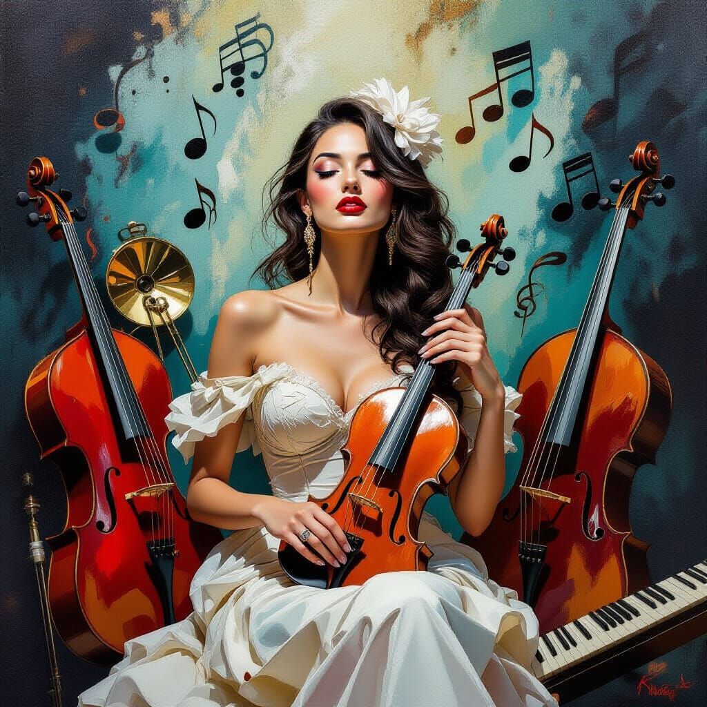 Surreal Woman with Musical Instruments in Oil on Canvas Styl...