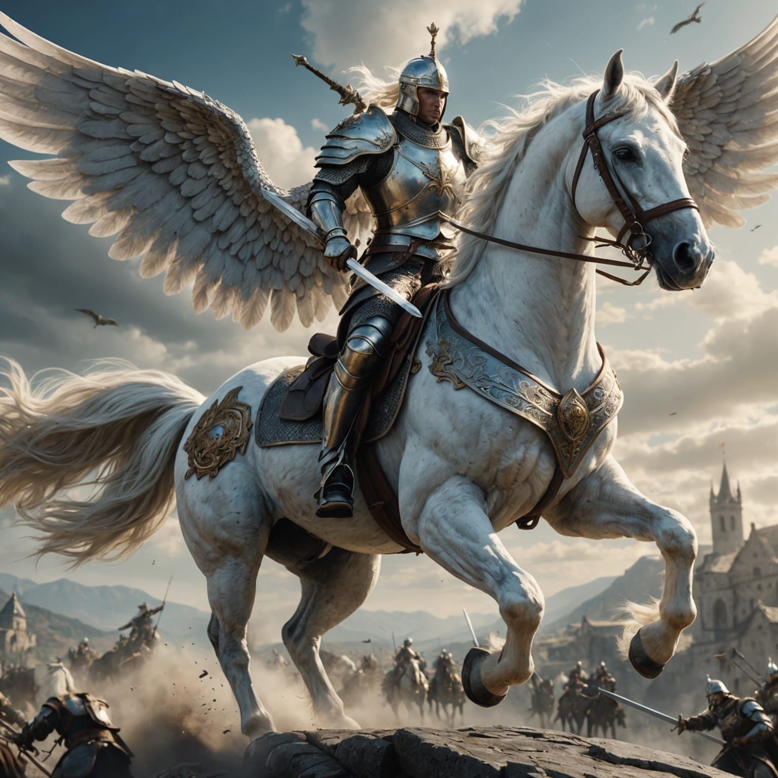 Winged Horse and Armored Rider Charging into Battle