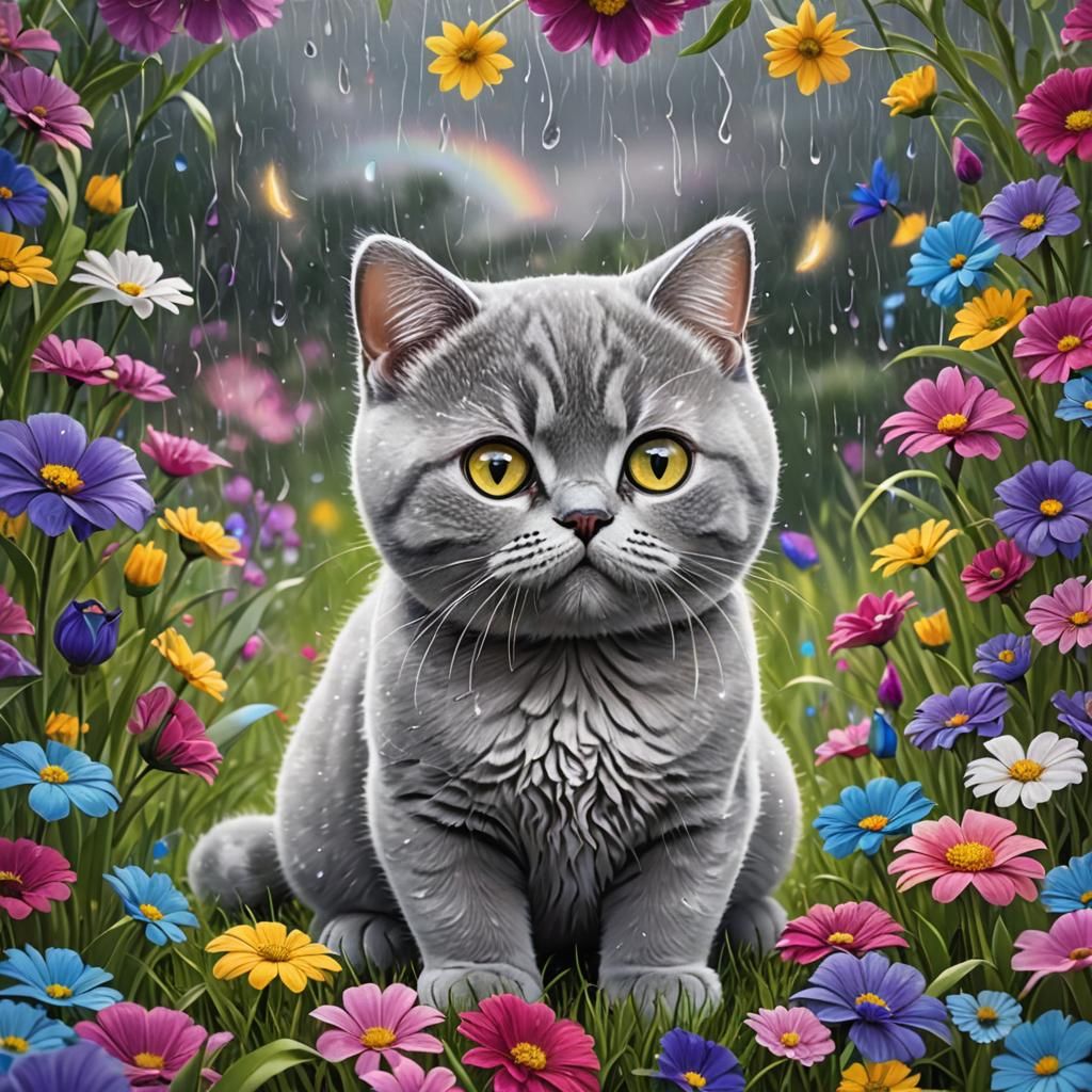 Gray Cat in a Rainbow Garden