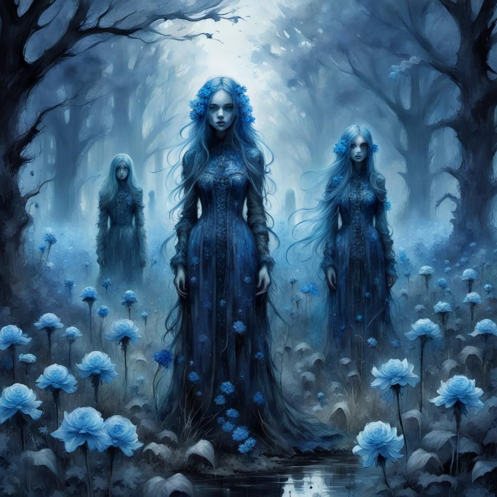 Ethereal Figures in a Field of Neon Flowers