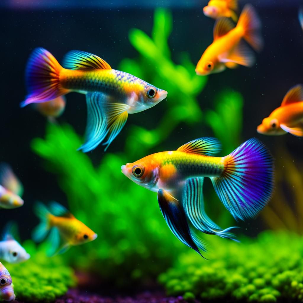 Psychedelic Guppies in Aquarium with Colorful Plants