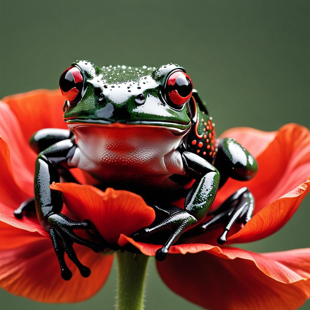 Hyperrealistic Red Frog in Poppy Flower