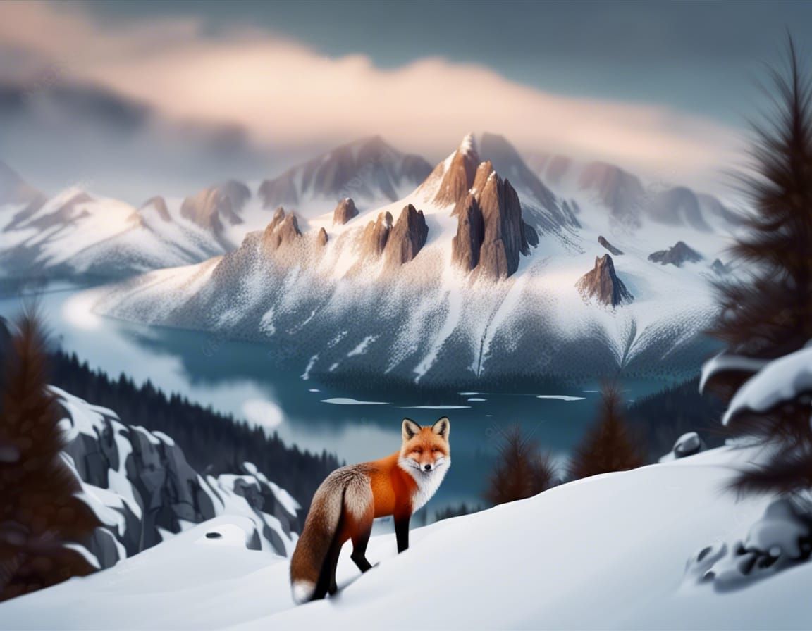 Snowy Mountain Landscape with Fox