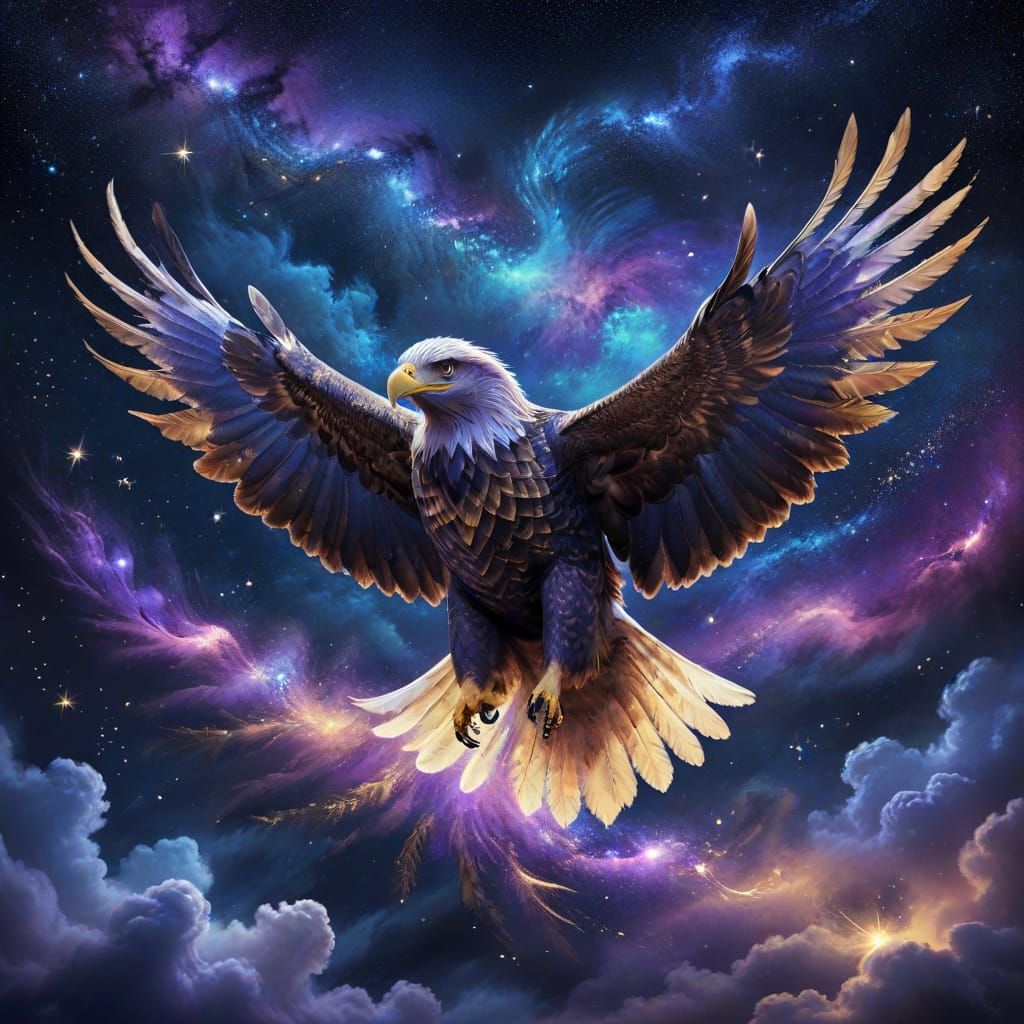 Majestic Eagle Soars Through Starry Nebula Sky