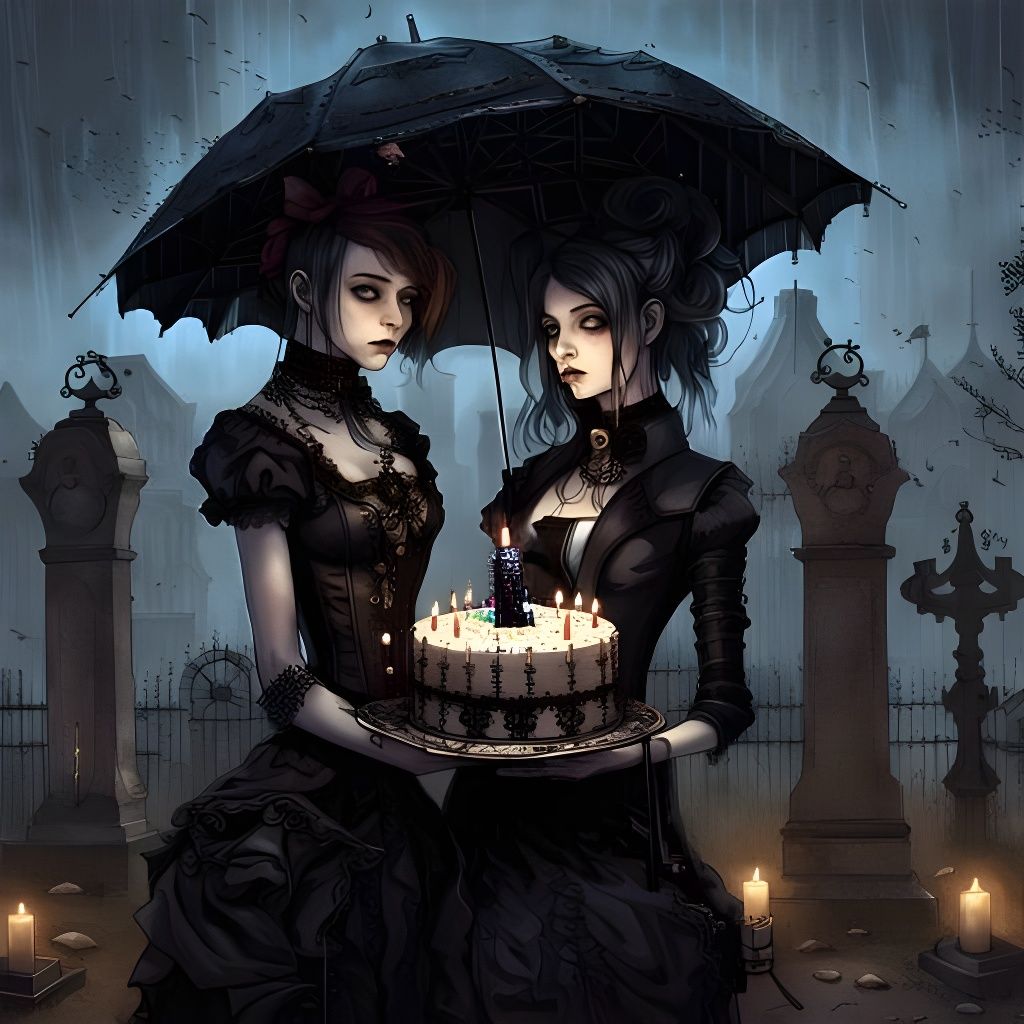 Steampunk Goth Teens Admire Cemetery Birthday Cake