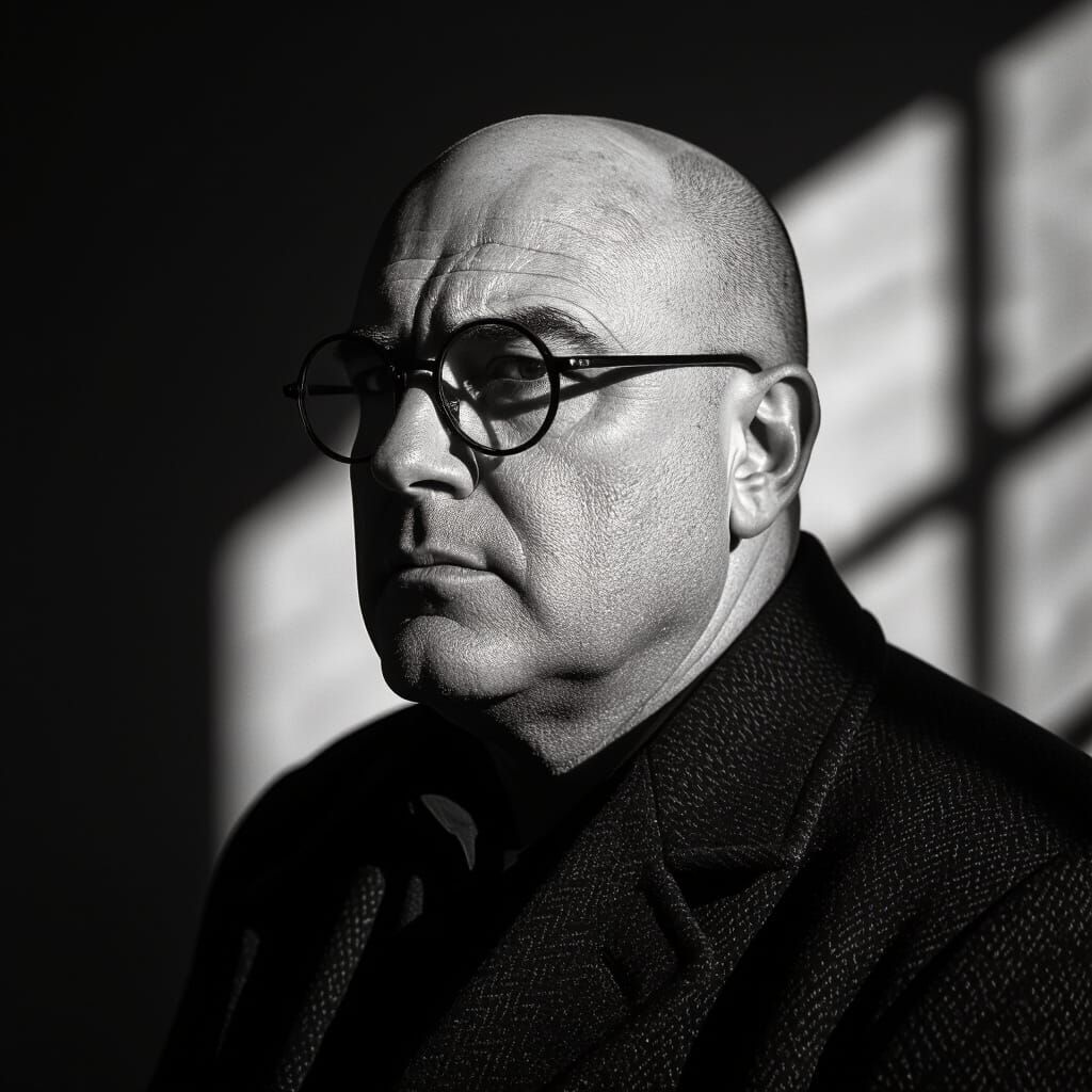 Bald Man With Big Glasses in Dramatic Black and White