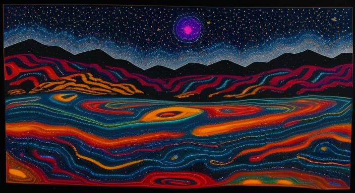 Dreamtime Moonlit Landscape in Vibrant Split-Complementary C...