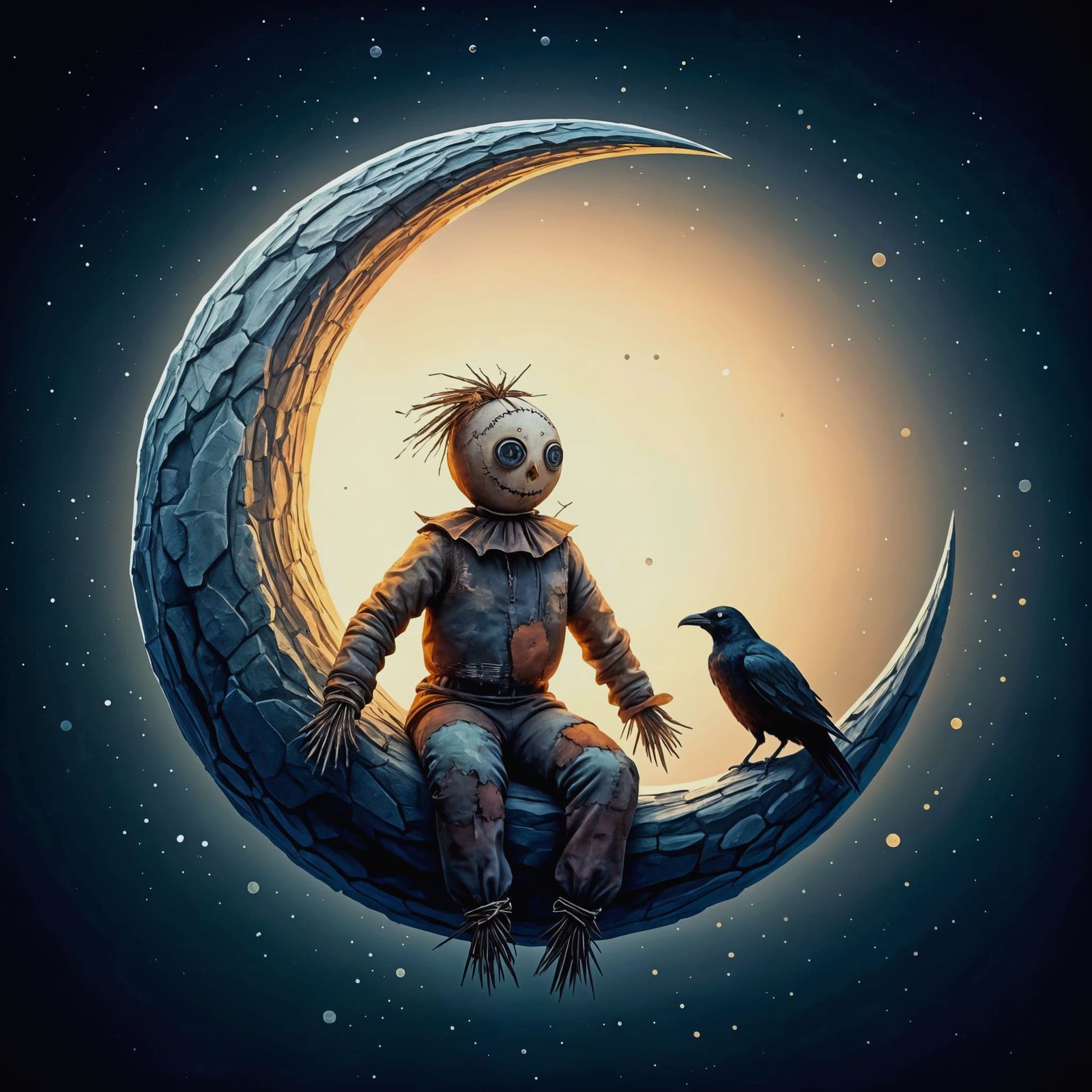 Scarecrow and Crow on Crescent Moon in Watercolor