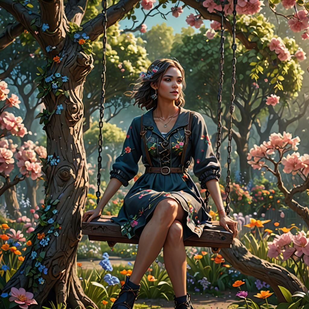 Girl on Swing in Flower Garden: Detailed Matte Painting
