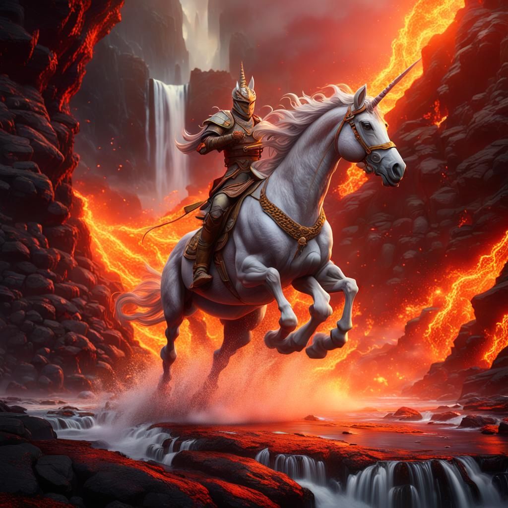 Unicorn Leaps into Lava Waterfall: Fantasy Concept Art