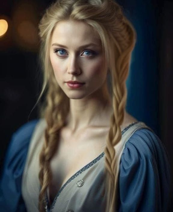 Medieval Woman Portrait with Braided Hair in Moonlight
