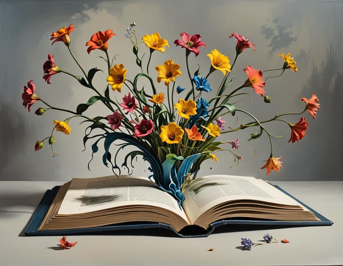 An open pop up book with beautiful flowers lifting from the pages.