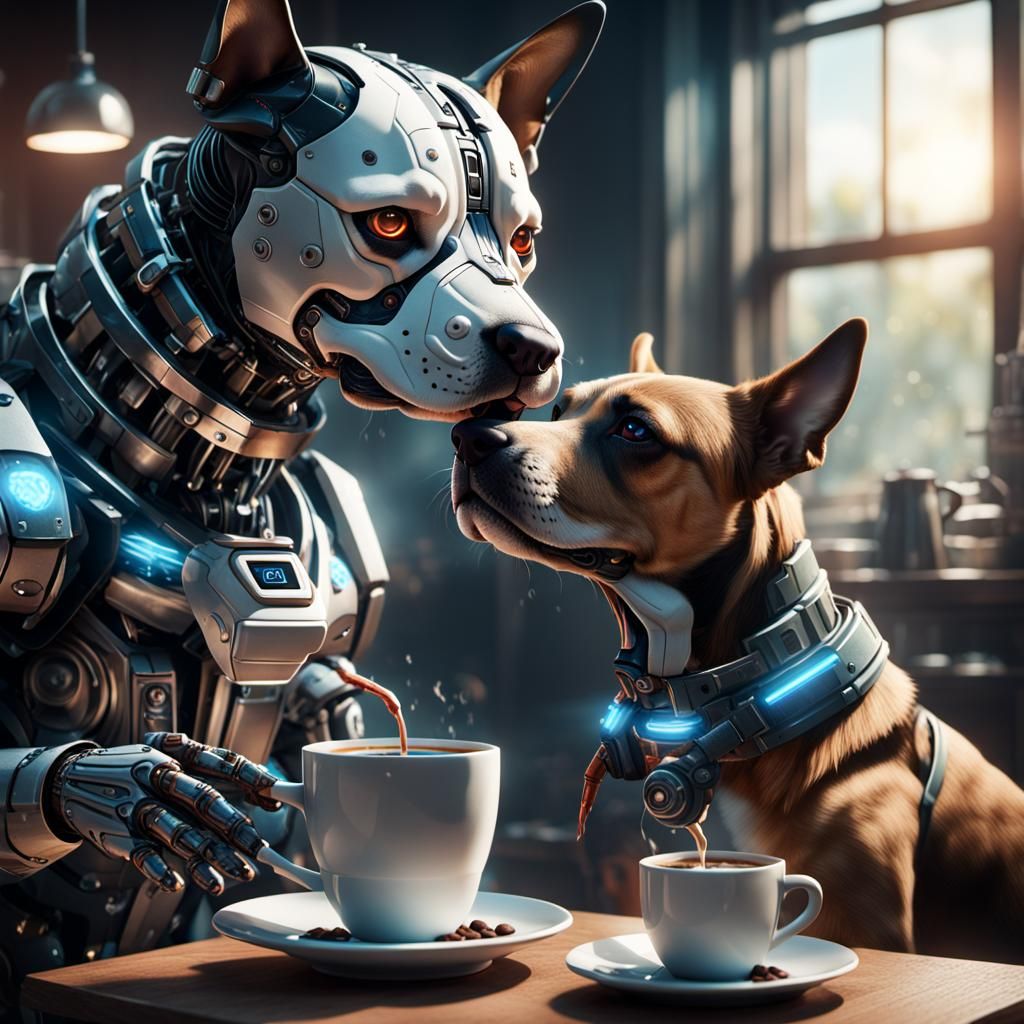 Cyborg Dog Serving Coffee: Detailed Matte Painting