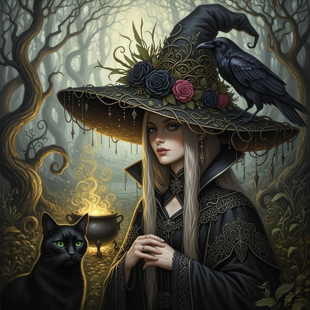 Gothic Oil Painting of Enchanting Witch with Ornate Hat