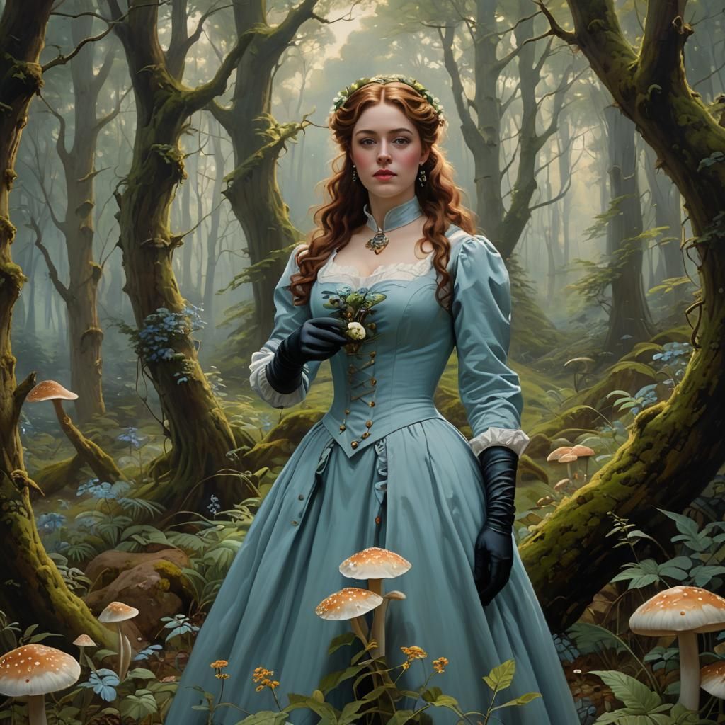 Victorian Woman Exploring Mystic Forest as Oil Painting