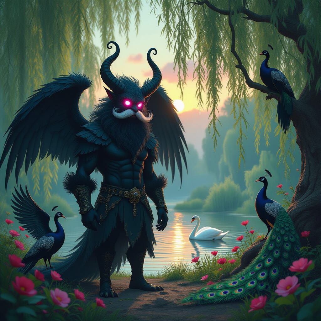 Six-Winged Monster Fairy with Glowing Eyes in Twilight Fores...