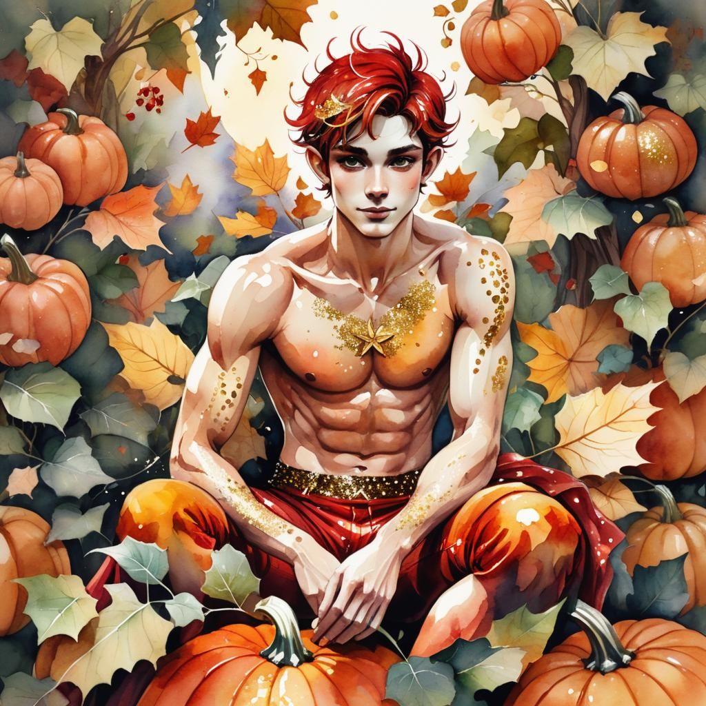 Fairy on Pumpkin in Watercolor Illustration