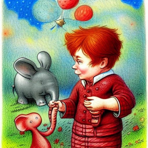Red-Haired Boy and Toy Elephant Illustration