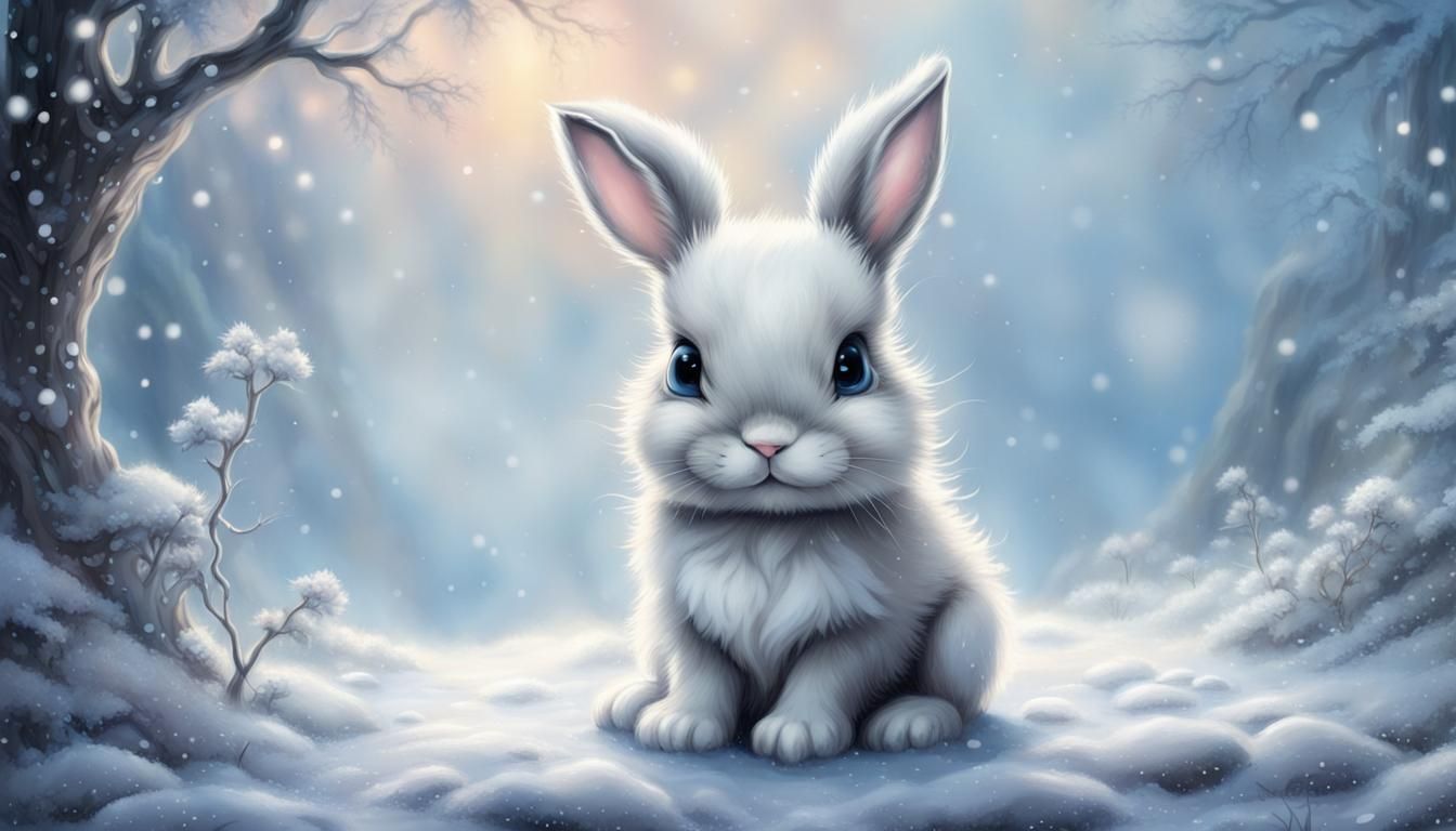 Cute black white baby chibi rabbits Diadema blue eyes and a snowing background ethereal fantasy hyperdetailed mist Thoma...