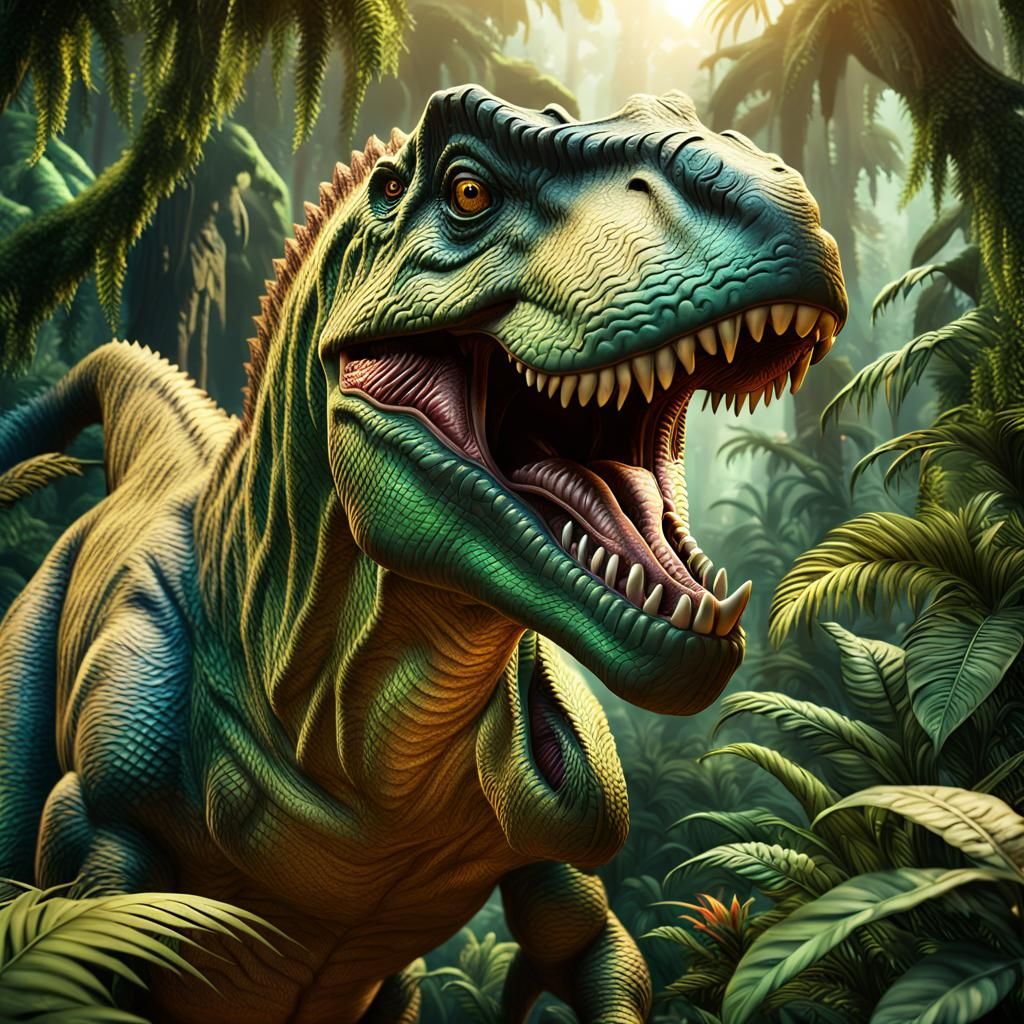 Epic Fantasy T-Rex Portrait in Lush Jurassic Jungle