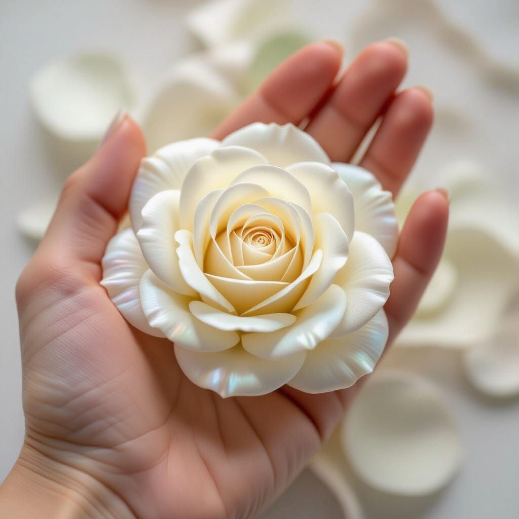 Mother of Pearl Rose Held Gently