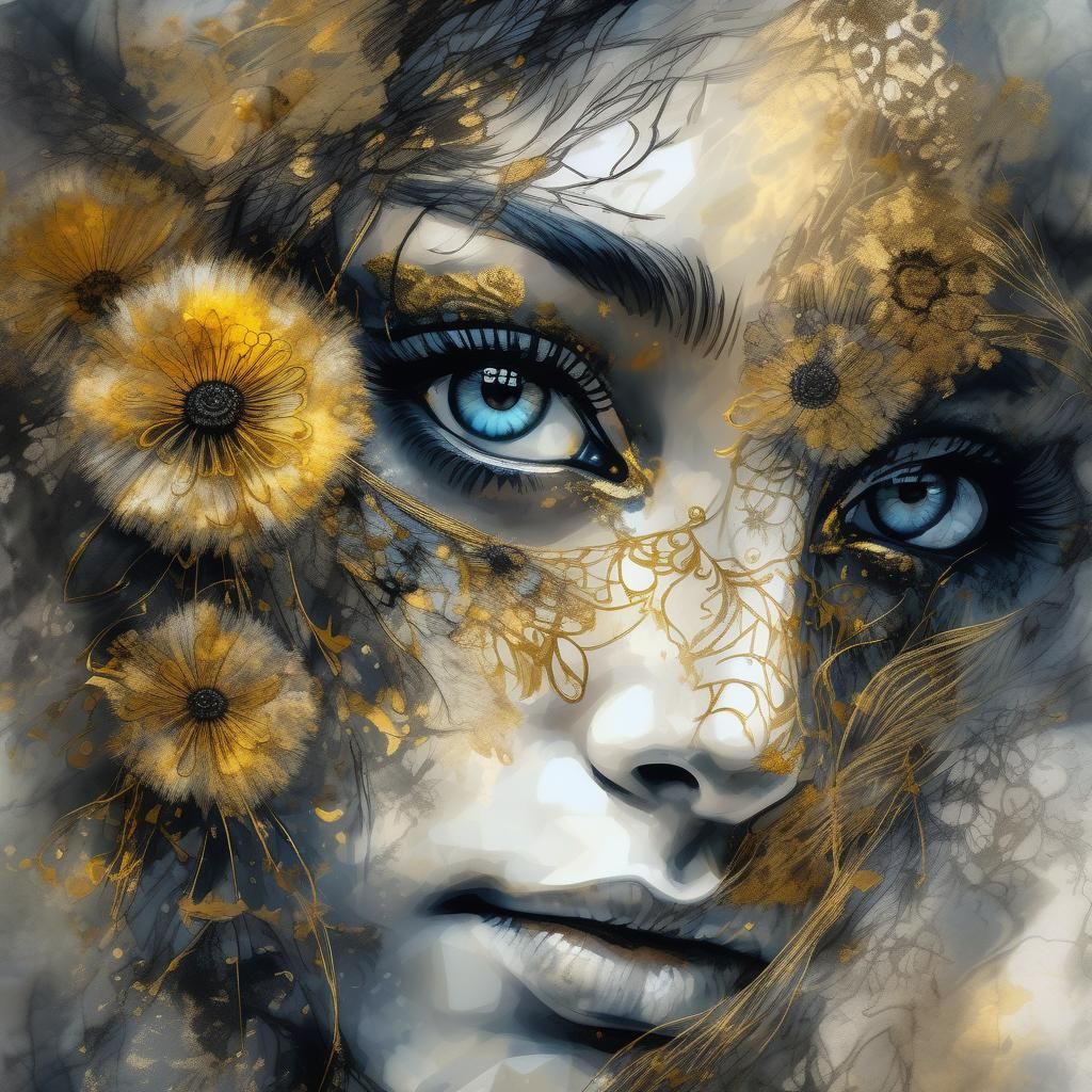 Luxurious Fairy in Black Lace and Golden Dandelions