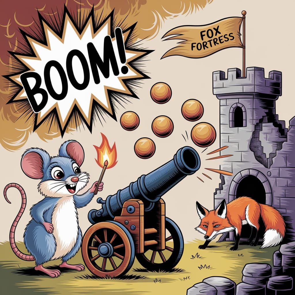 Dormouse's Mischievous Attack: Gouache Painting of Fox Fortr...