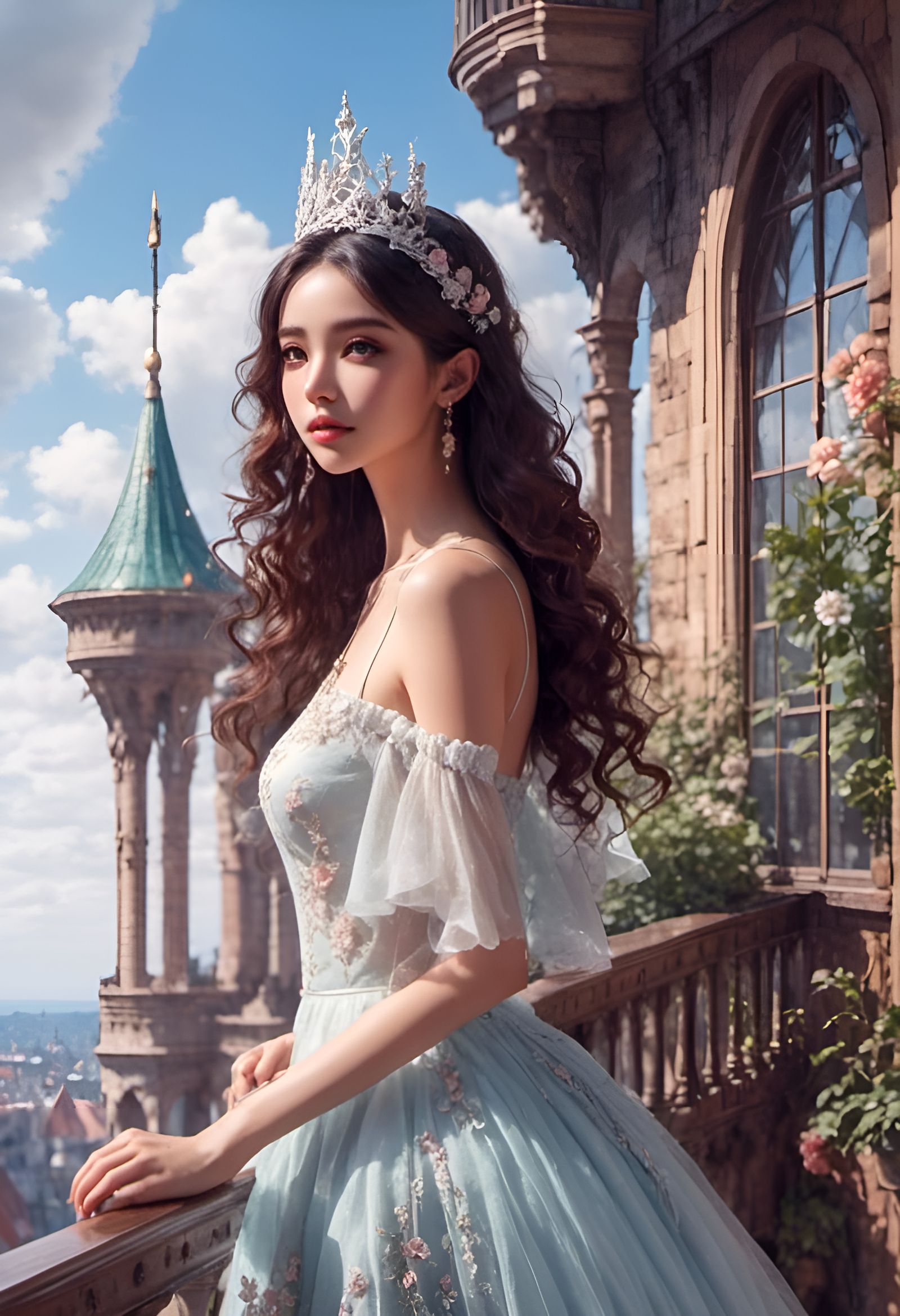 Princess on Balcony in Pastel Dress, Watercolor Style