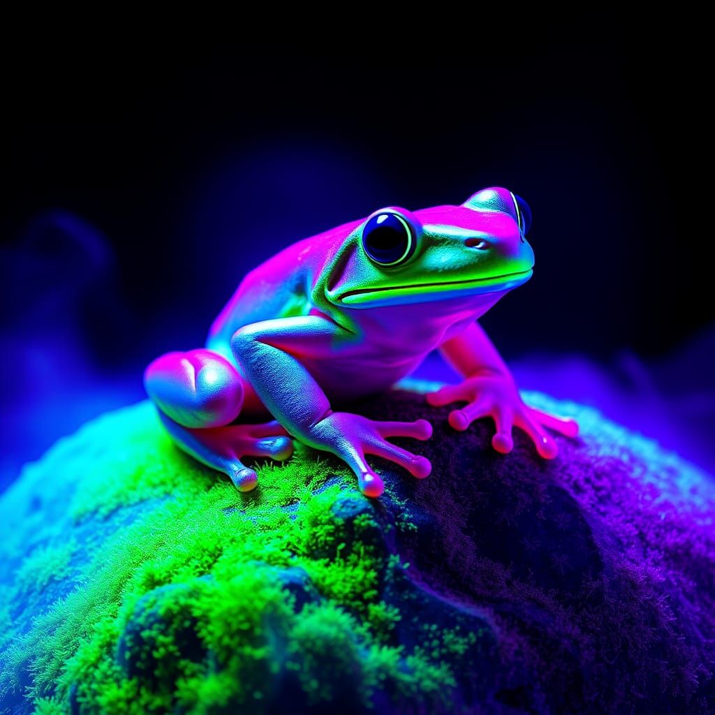 Electric Green Frog in Psychedelic Neon Ambiance