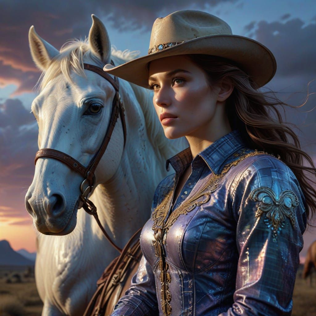 Cowboy and Cowgirl Riding Horses Through Cattle Herd