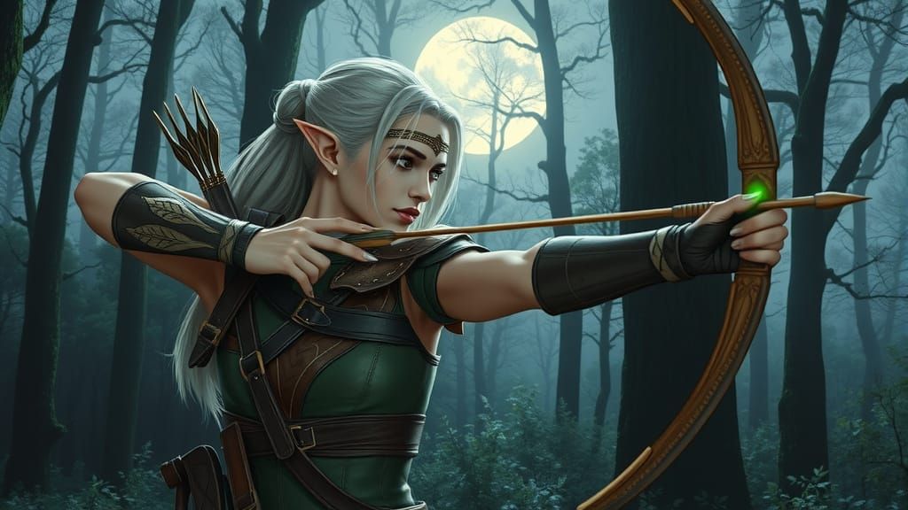 Elven Archer in Enchanted Moonlit Forest