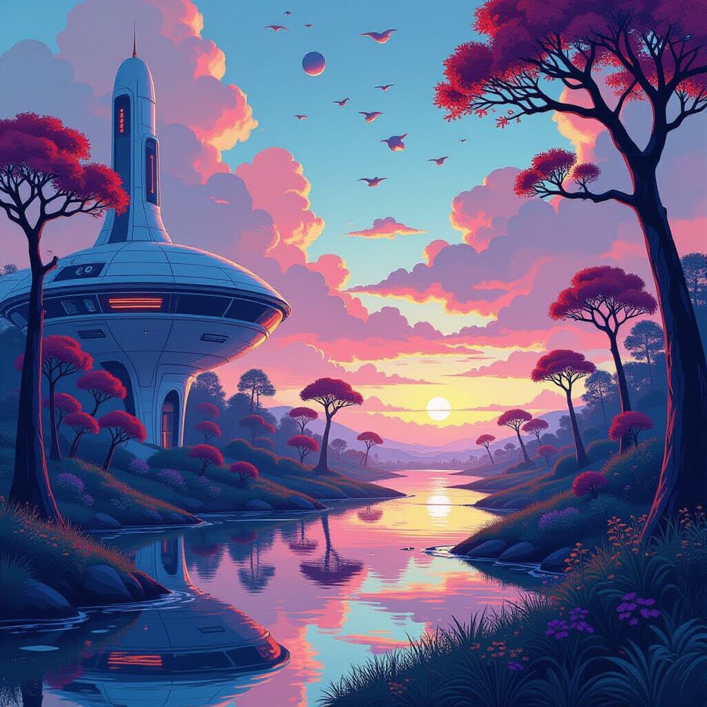 Dreamlike Scene with Vibrant Colors and Intricate Patterns