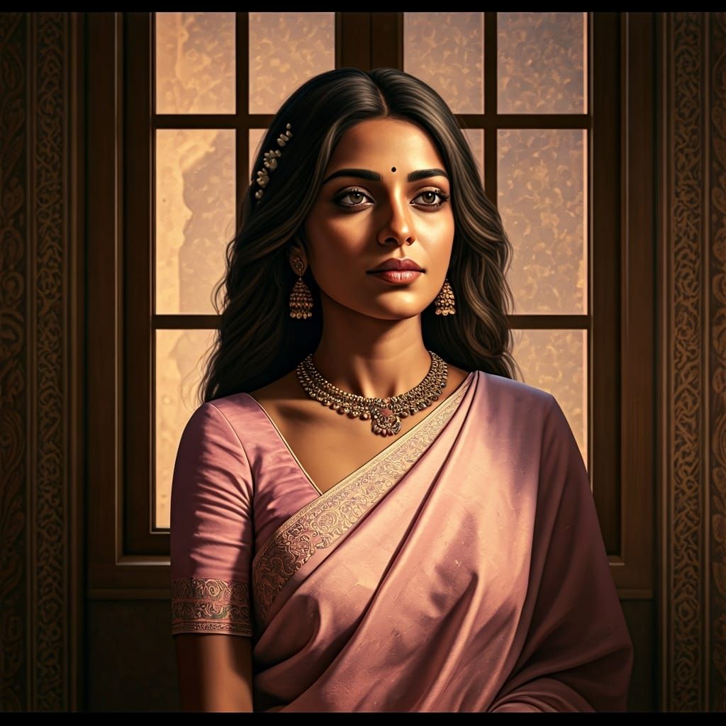 Serene Indian Woman in Golden Light: Hyper-Realism Portrait
