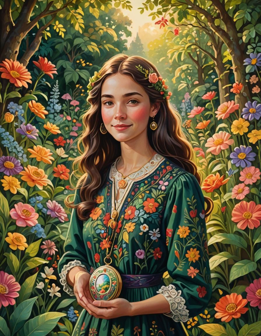 Enigmatic Woman in Lush Garden: Whimsical Folk Art