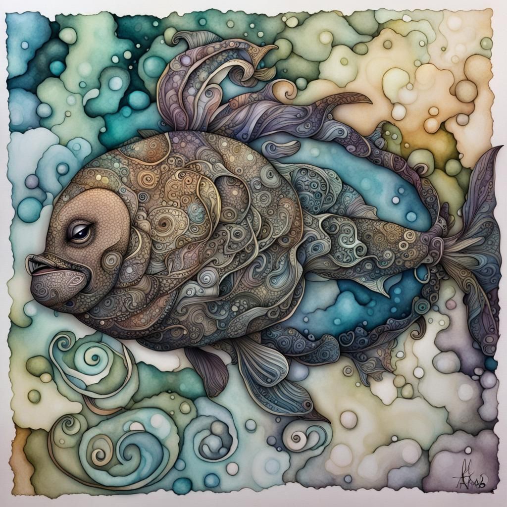 Ahab and Moby Dick in Alcohol Ink Zentangle Style