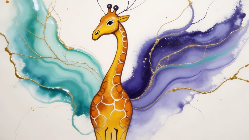 Giraffe Angel with Colorful Swirls in Encaustic Style