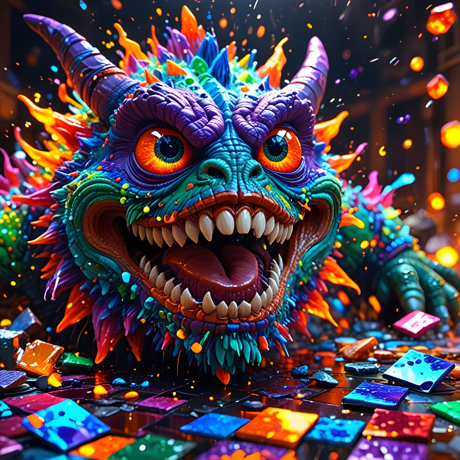 Hyper-Realistic, Neon-Lit Monster from a Vibrant, Chaotic Se...