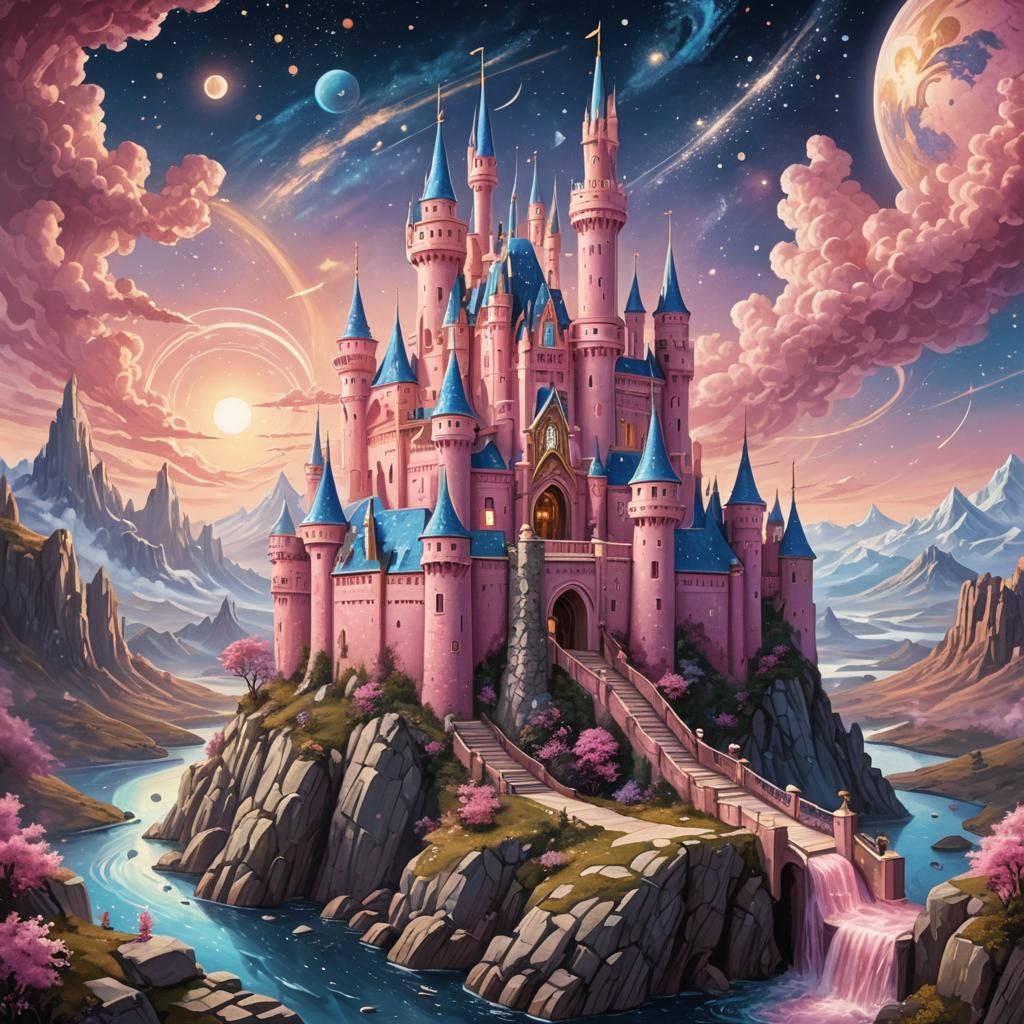 Pink Fantasy Castle on Floating Rock: Zentangle Vector Art