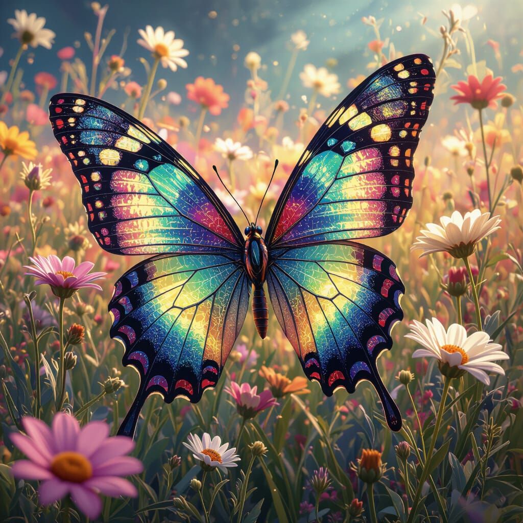 Butterfly with Fractal Wings in a Flower Field