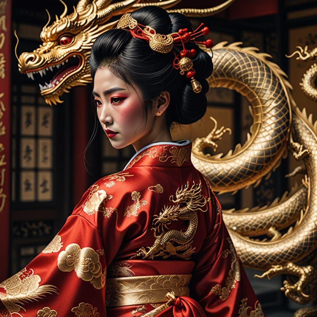 Exquisite Geisha in Golden Dragon Embroidered Kimono