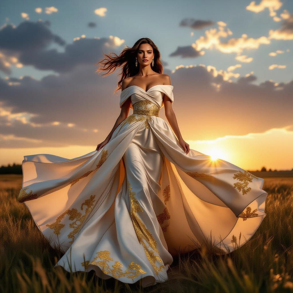 Fashion Goddess in Flowing Gown with Gold Accents