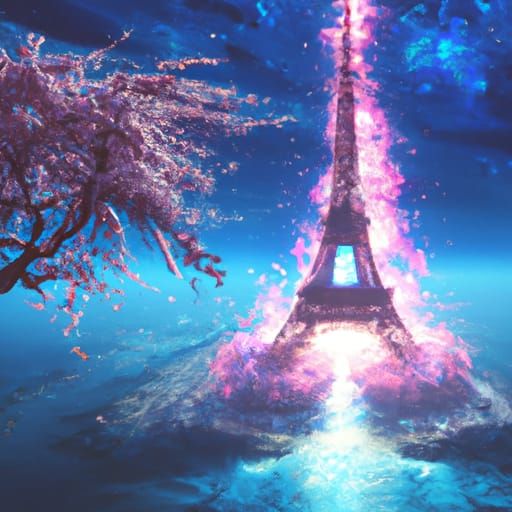 Eiffel Tower with Cherry Blossoms and Fractal Light