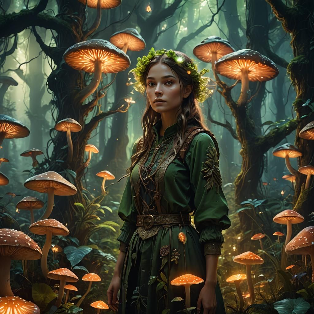 Girl in Mystical Forest with Glowing Plants