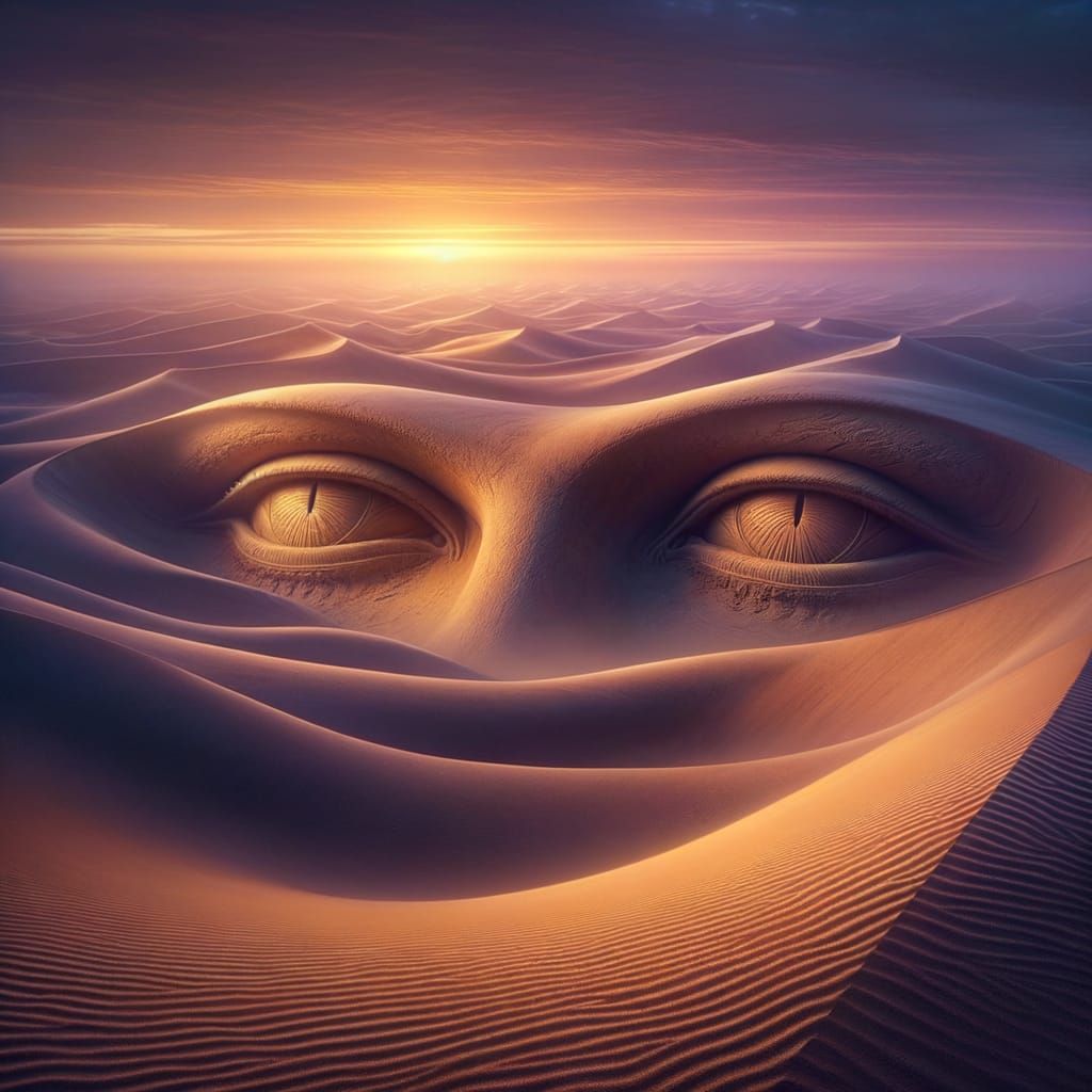 Colossal Desert Eyes Emerge at Twilight in Amber Dunes