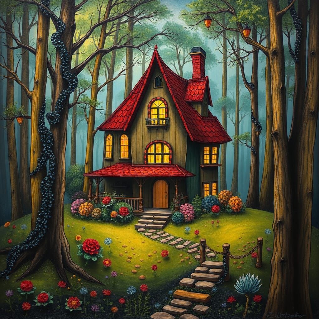 Surreal Forest Home in Klimt-Burton-Seuss Style