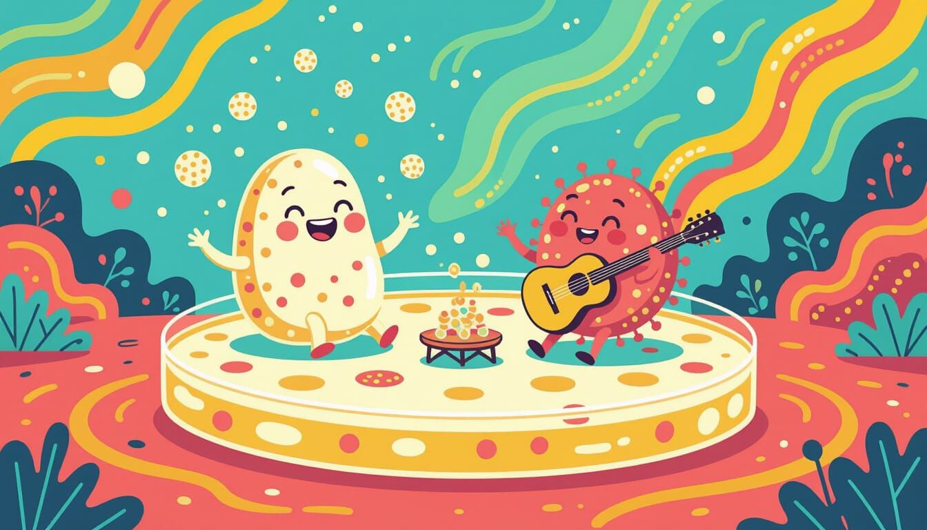 Whimsical Bacteria Picnic in a Petri Dish Illustration