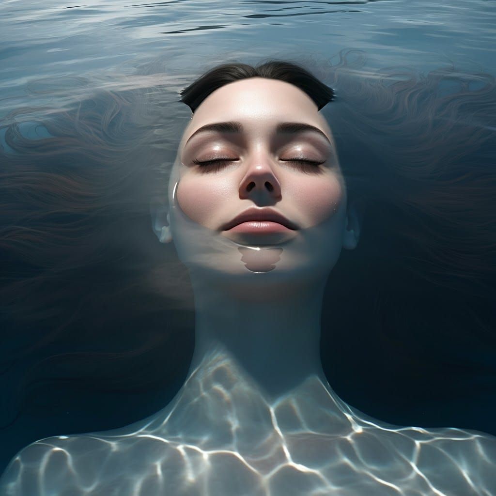 Serene Woman Floating in Water: Hyperrealistic CGI Fine Art