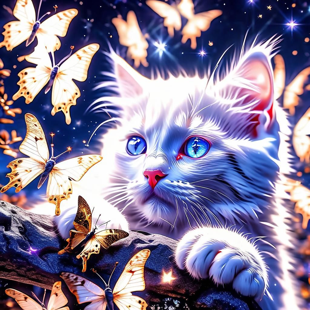 Kitten playing with butterflies