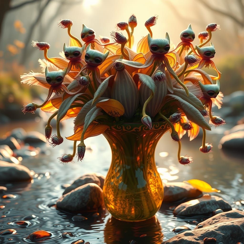 Exotic Flowers with Enigmatic Faces in Glass Vase