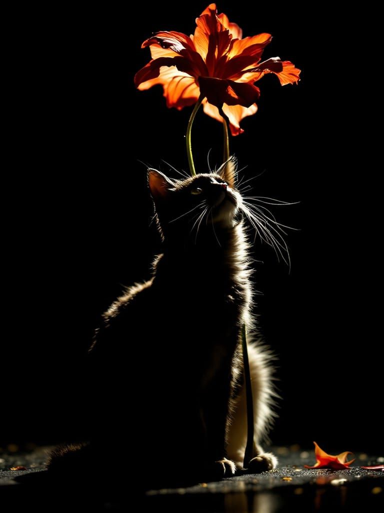 Adorable Cat Under Flower in Dramatic Light